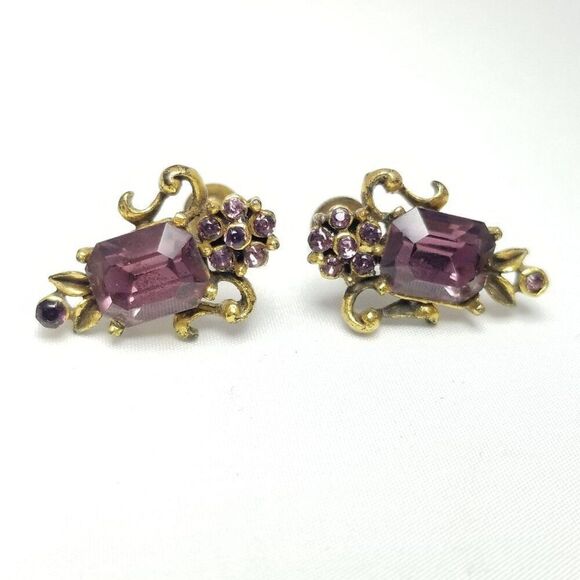 Vintage Coro Purple Rhinestone Clip On Earrings, Screw Back Gold Tone Setting - Picture 7 of 7